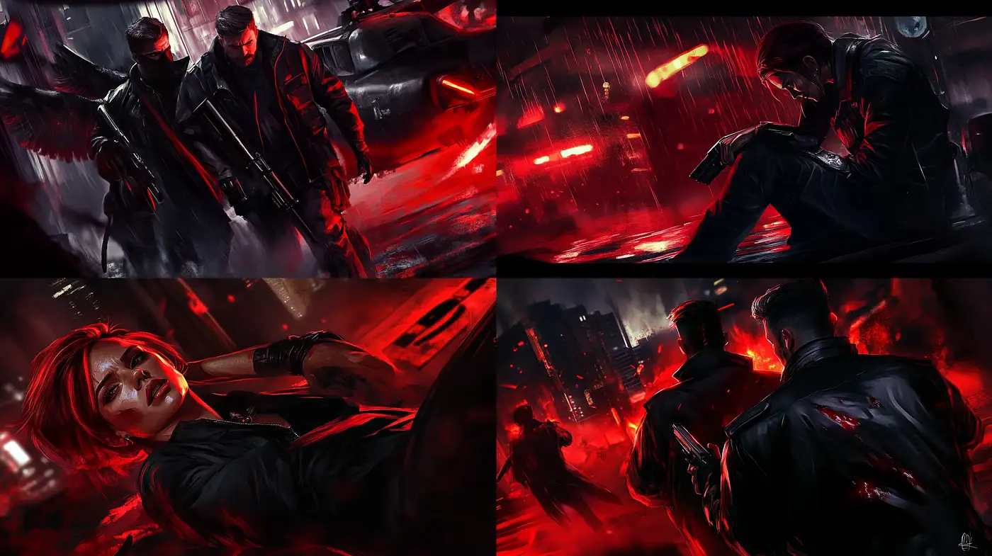 Neon-Noir Cyberpunk Aesthetic with Dynamic Contrast - Midjourney sref style