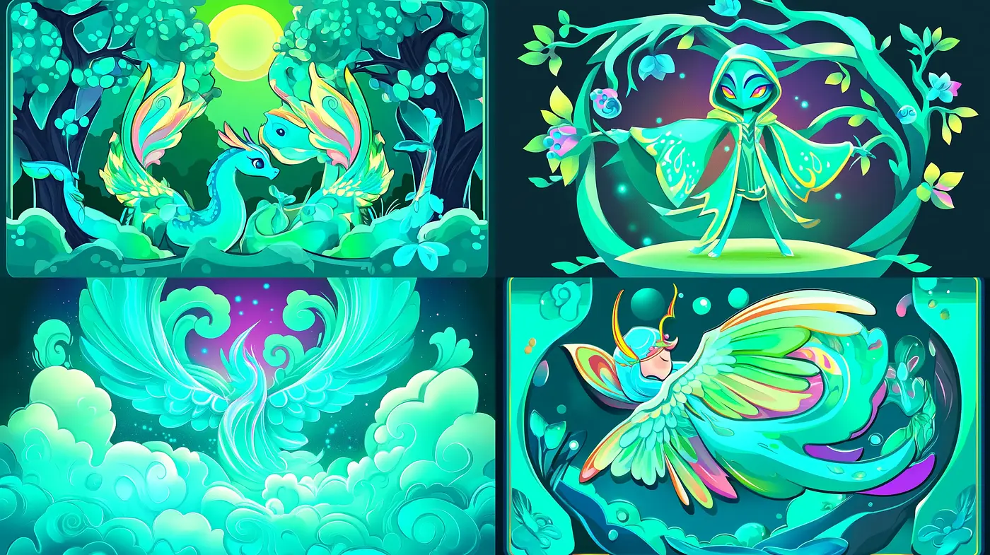 Luminous Dreamscape Fantasy with a Vibrant Neon Palette - Midjourney sref style