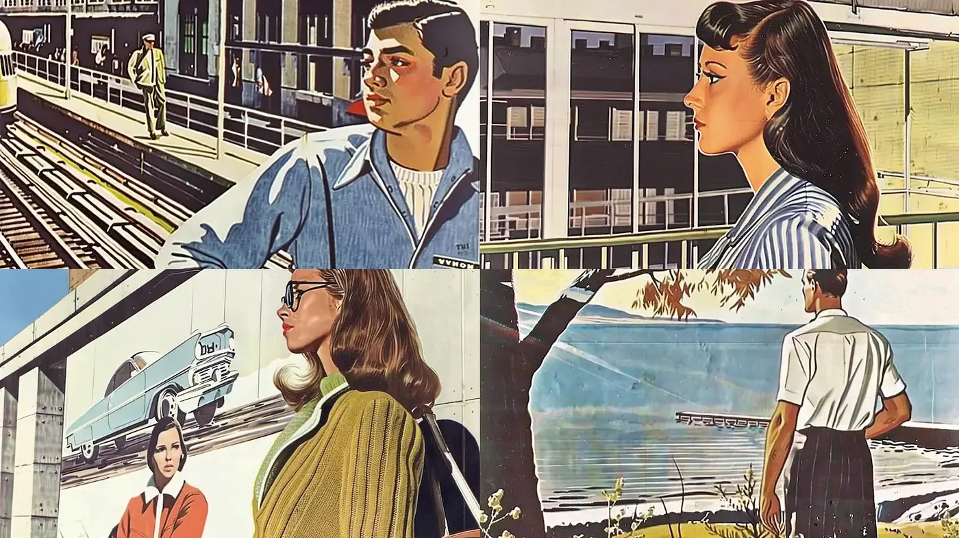 Stylized Retro Illustrations with a Nostalgic Vibe and Clear Mid-20th Century Influences - Midjourney sref style
