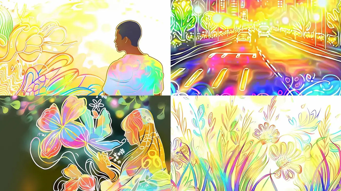Colorful Semi-Abstract Illustrations with Organic Elements and Ethereal Light - Midjourney sref style