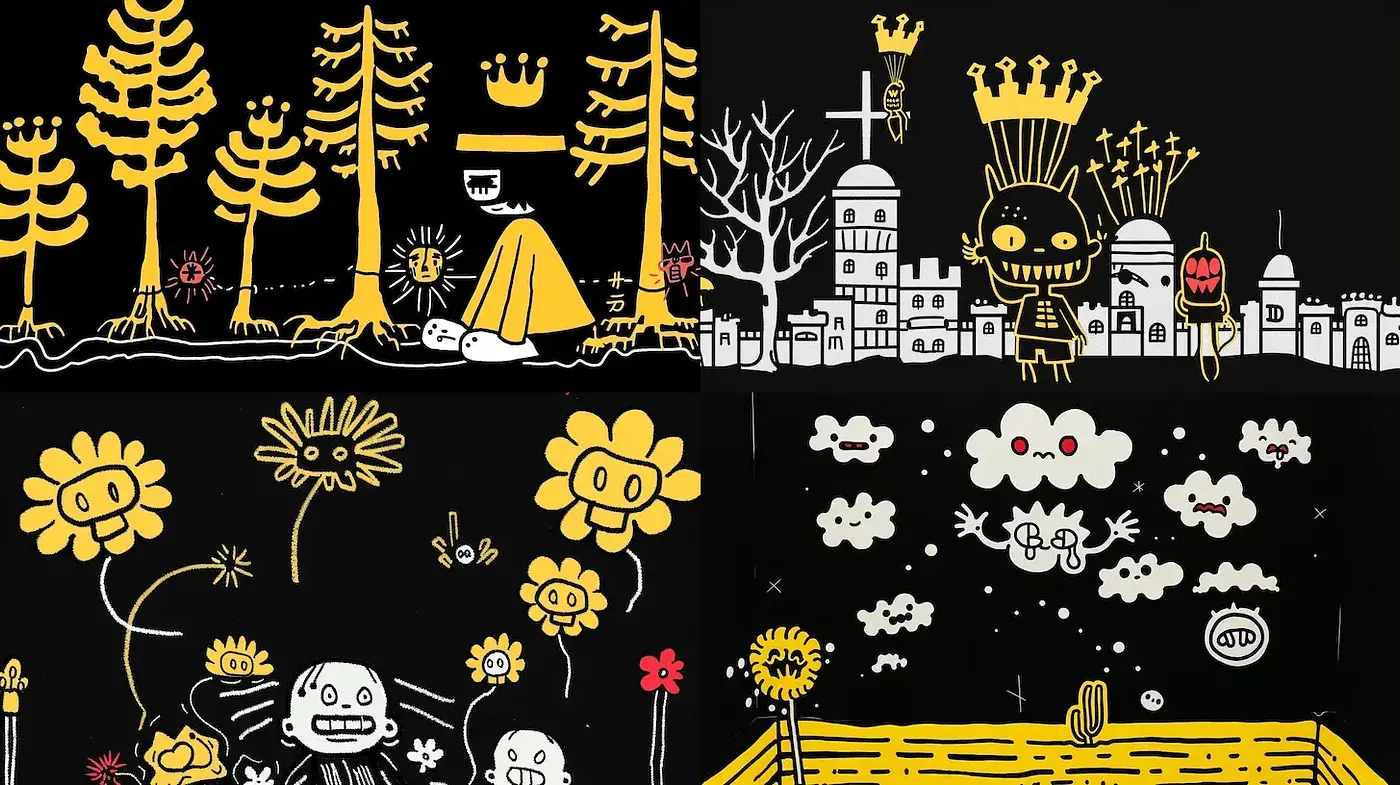 Playful and Whimsical Illustration with Dark Backgrounds - Midjourney sref style