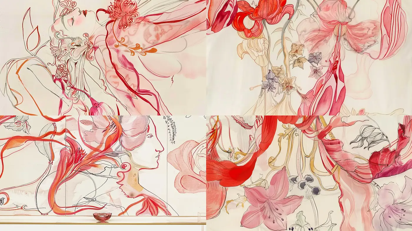 Ethereal Ink Blossoms and Fluid Forms - Midjourney sref style