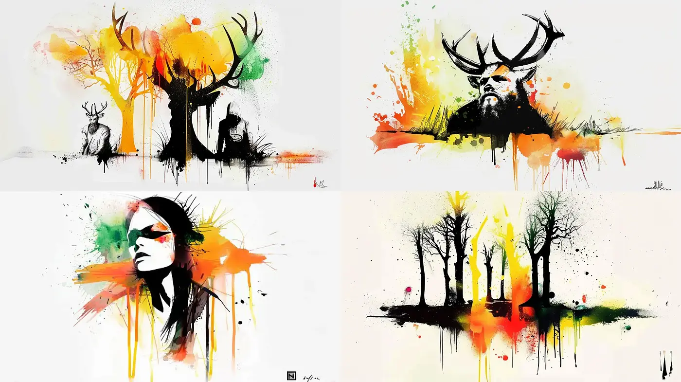 Splattered Vivacity: A Fusion of Watercolor Drippings and Bold Ink Contours - Midjourney sref style