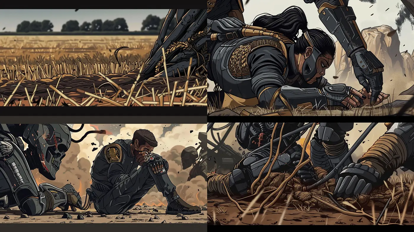 Uniform Dystopian Aftermath: A Fusion of Sepia-Toned Desolation and Detailed Sci-Fi Textures - Midjourney sref style