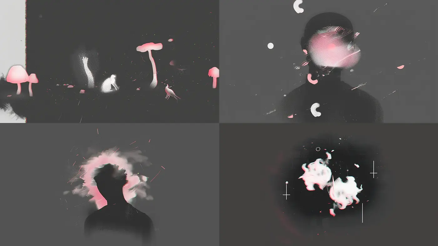 Surreal monochromatic dreamscape with splashes of muted pink - Midjourney sref style