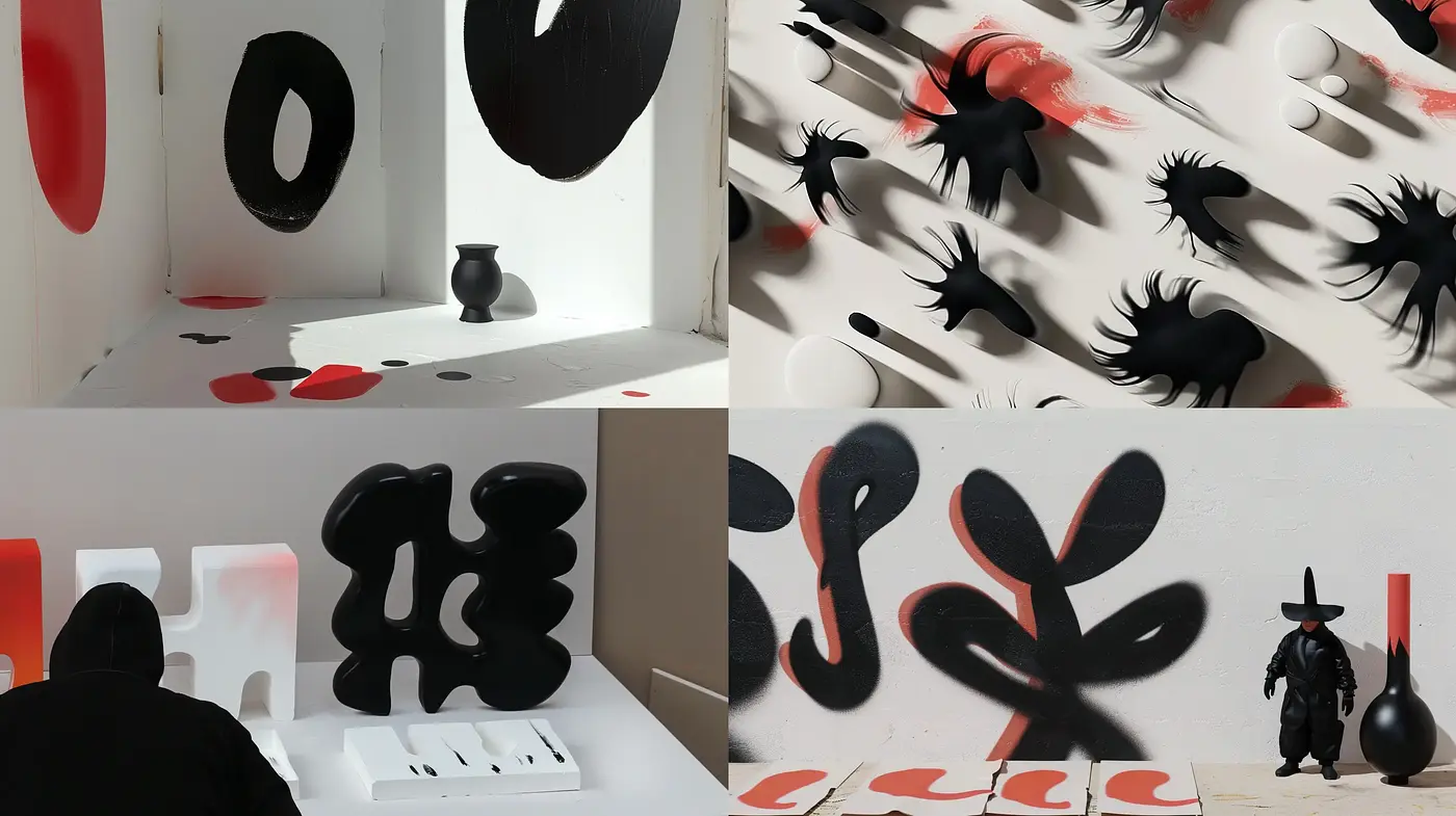 Abstract Fluid Forms with Black and Red Accents - Midjourney sref style
