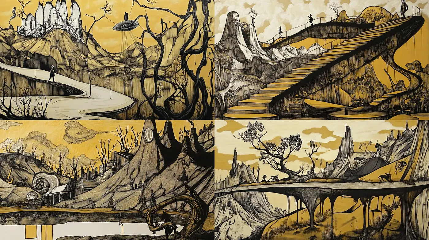 Dynamic landscapes with surrealistic elements and consistent stylization - Midjourney sref style