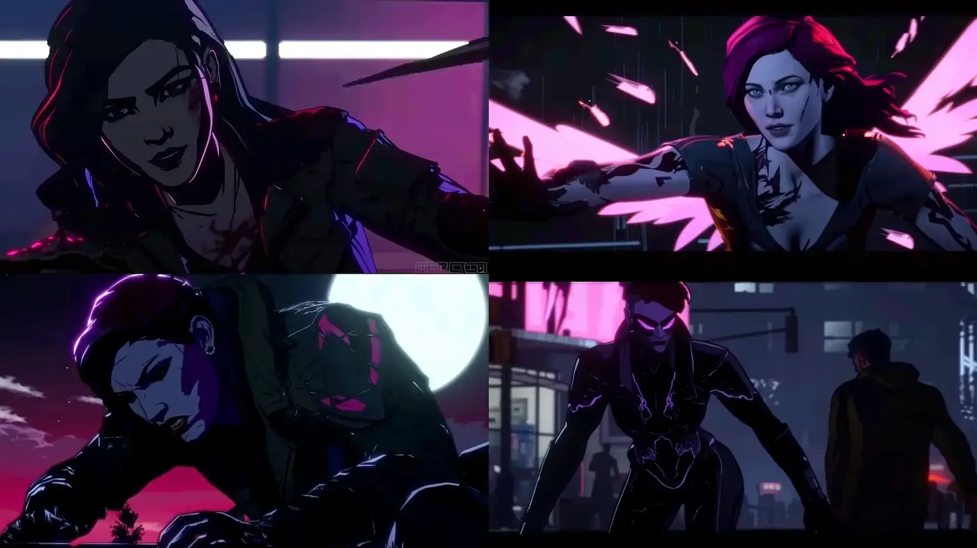 Neon-Noir Panache: A Synthesis of Saturated Hues and Dynamic Shadows - Midjourney sref style