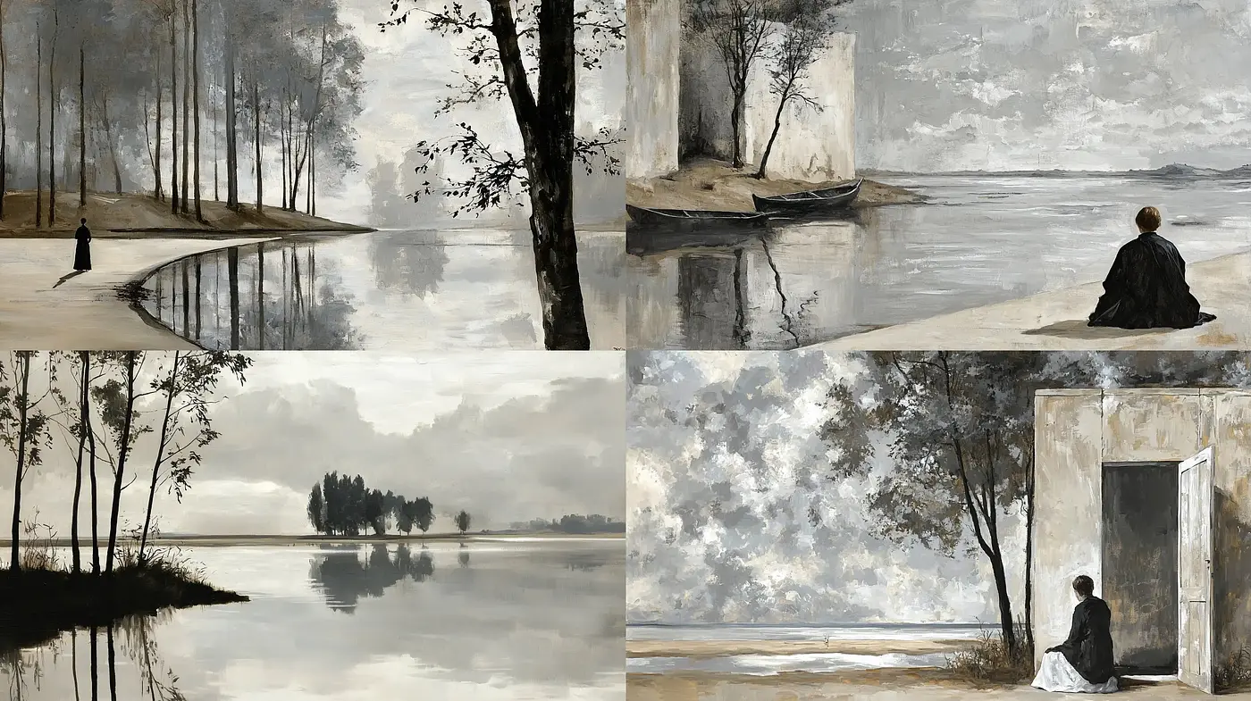 Tranquil Reflections in Monochromatic Water Landscapes - Midjourney sref style