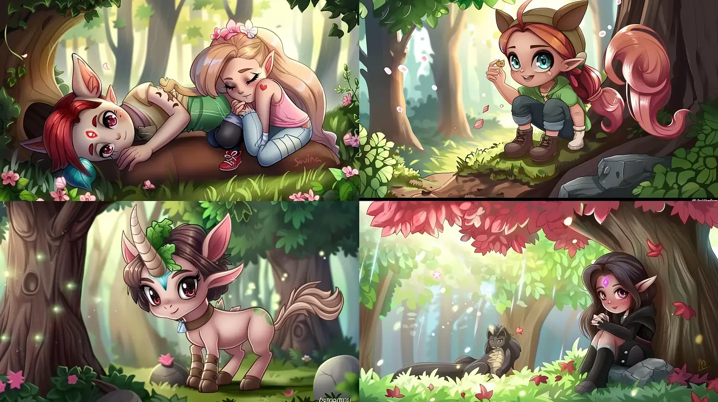 Enchanting Forest Whimsy: A Harmonious Meld of Anime and Storybook Illustration - Midjourney sref style