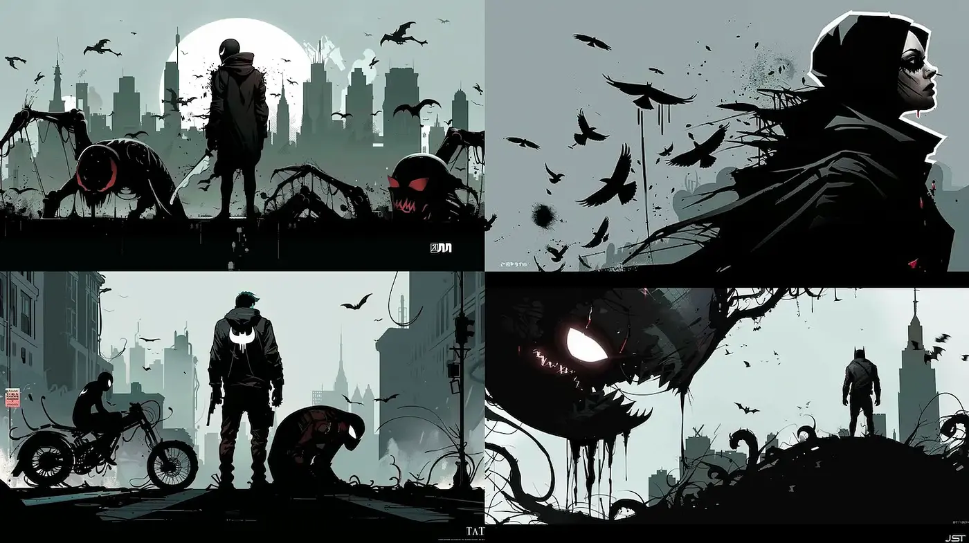 Dynamic and dark urban visuals blending surreal elements - Midjourney sref style