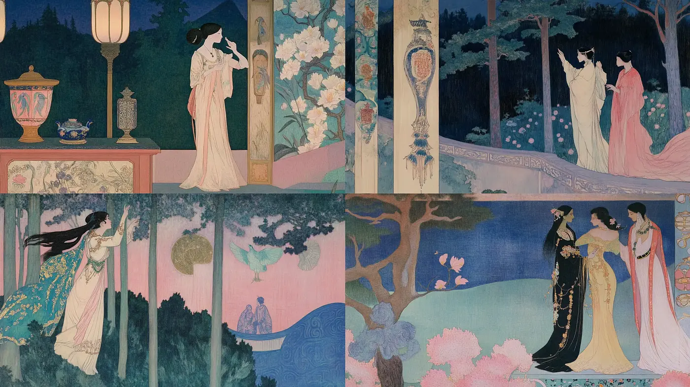 Ethereal Elegance in Twilight Hues: A Homage to Art Nouveau Elegance and Asian Etherealism - Midjourney sref style