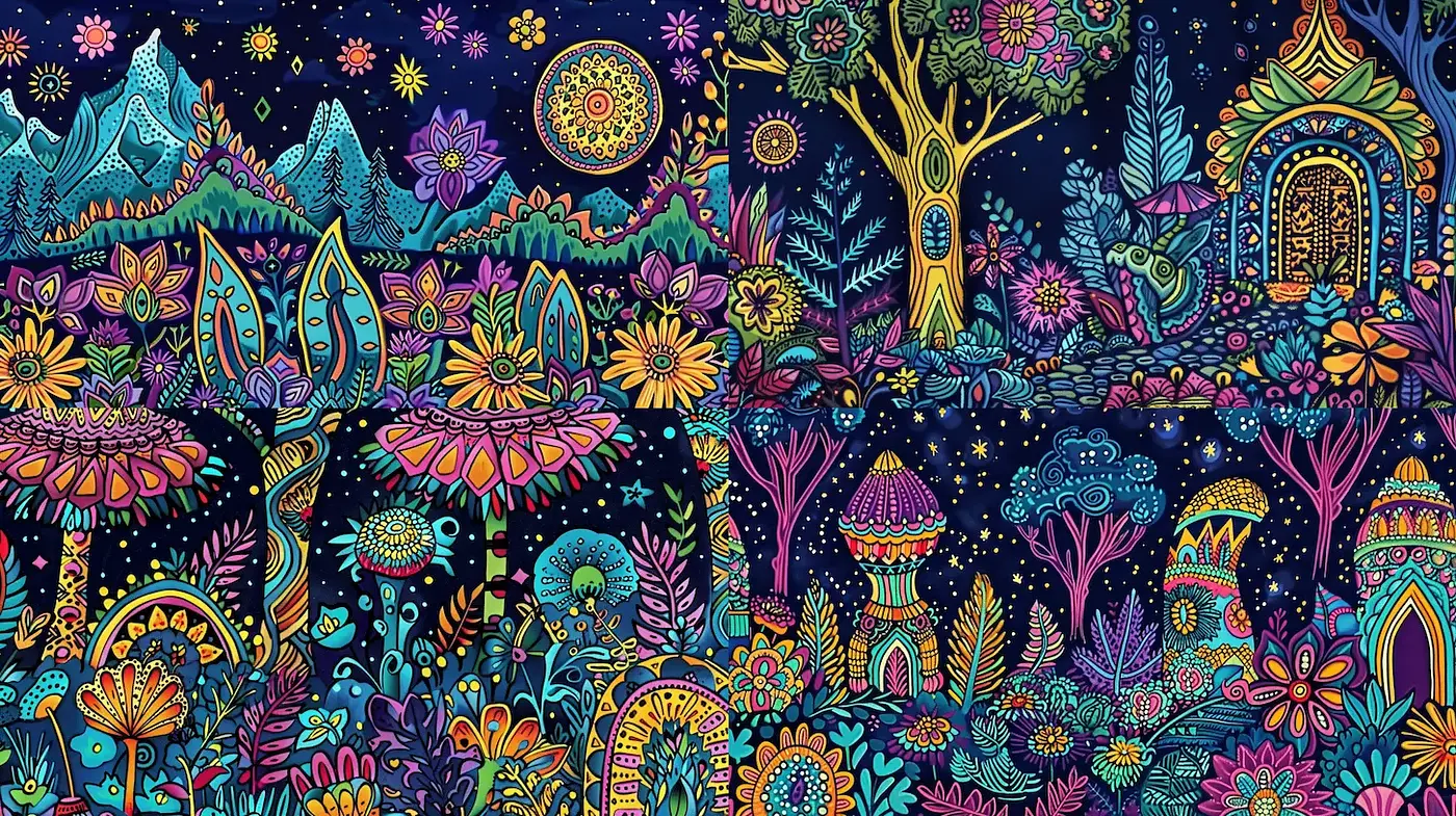 Vibrant and whimsical fantasy floral landscapes with intricate patterns - Midjourney sref style
