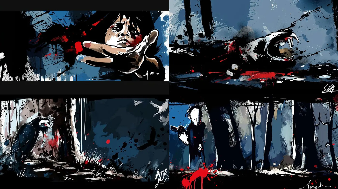 Gritty Nocturne: A Melancholic Symphony in Blue and Crimson - Midjourney sref style