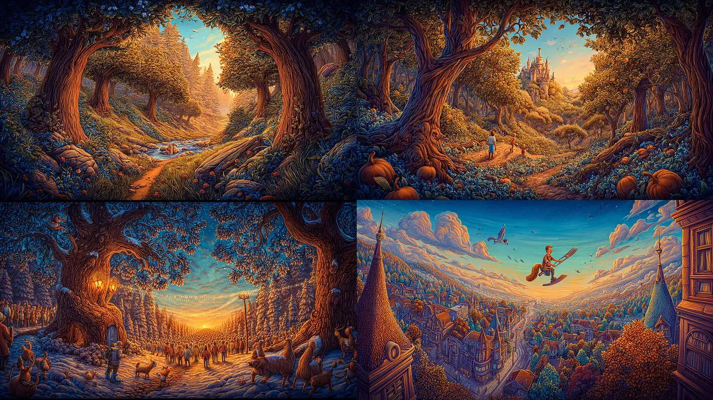 Enchanting fantasy landscapes with a whimsical aura - Midjourney sref style