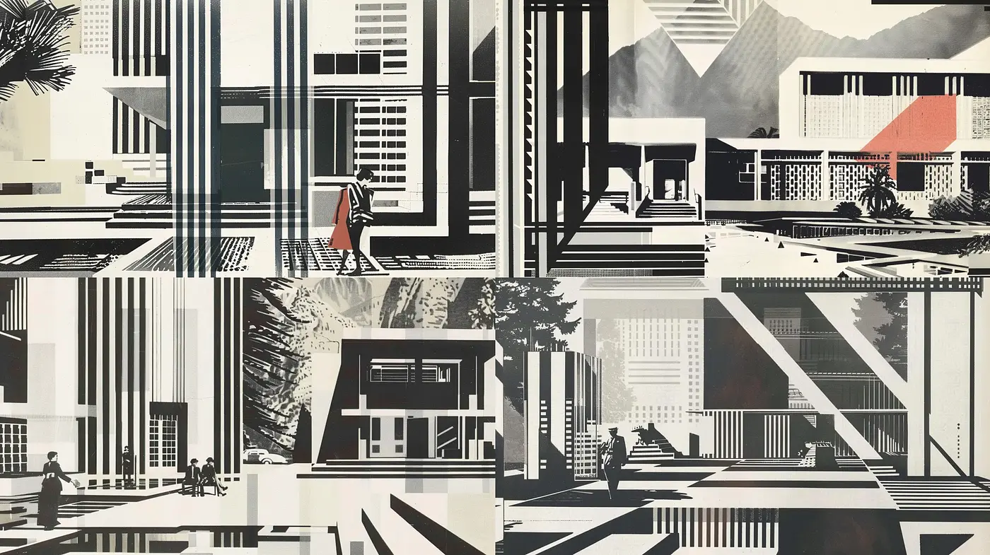 Stylized Architectural Homage with Monochromatic Retro-Futurism - Midjourney sref style