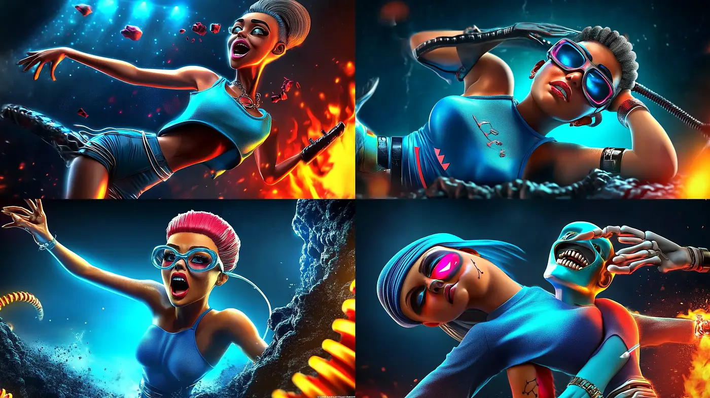 Electrifying 3D Pop Action Renderings with Cyberpunk Undertones - Midjourney sref style