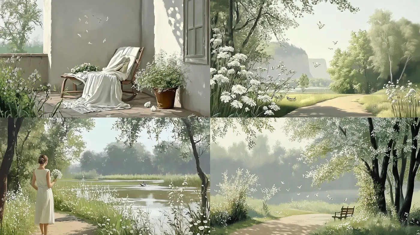 Idyllic Pastoral Serenity: A Consistent Vision of Peaceful Naturalism - Midjourney sref style