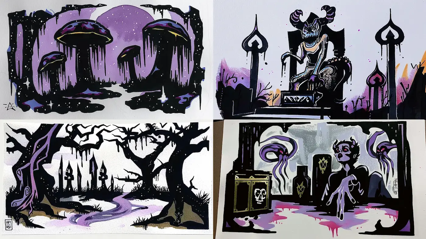 Dark Fantasy Art with Playful Yet Ominous Undertones - Midjourney sref style