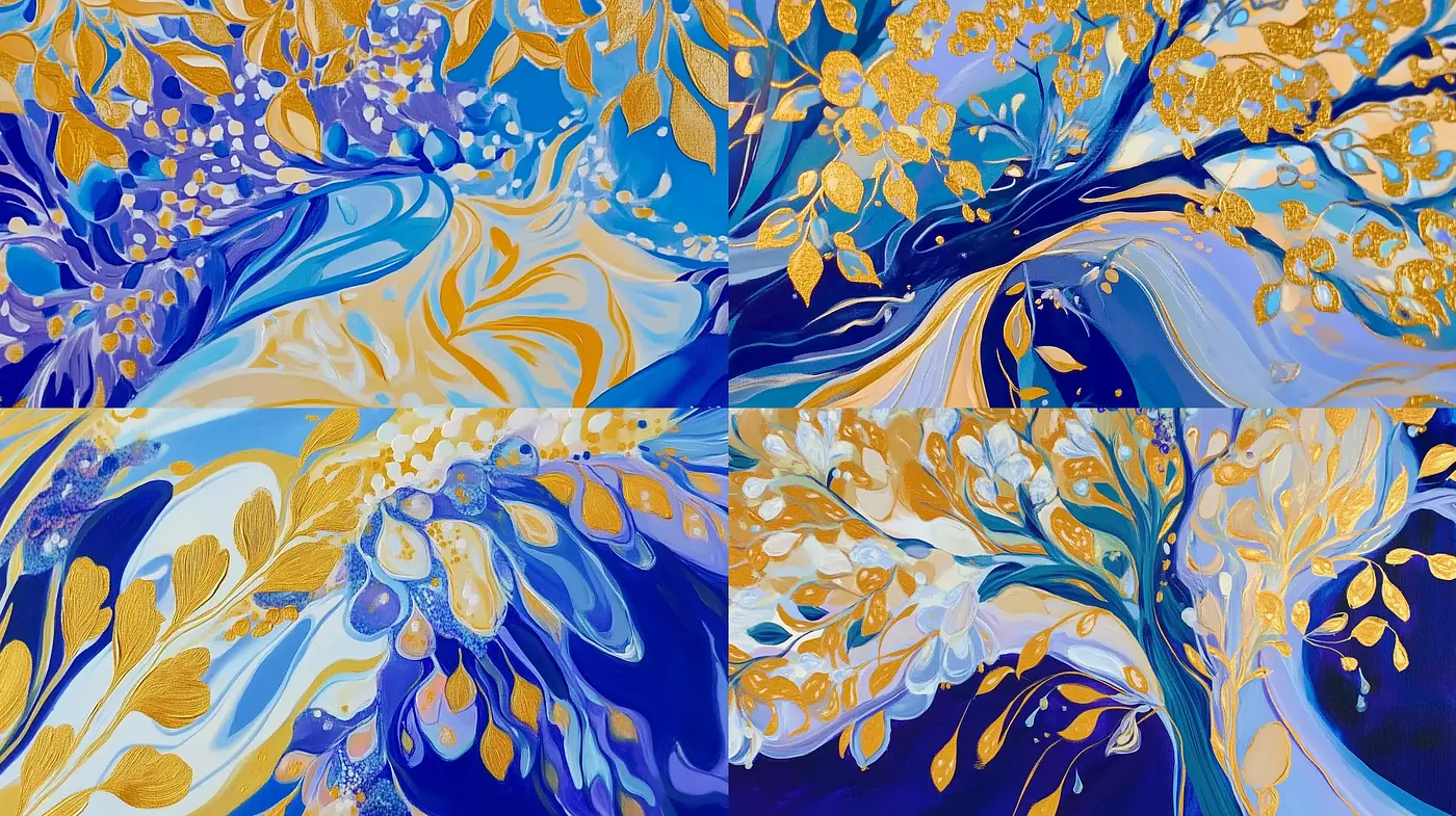 Golden Florals on Cerulean Swirls: A Fusion of Art Nouveau and Abstract Expressionism - Midjourney sref style