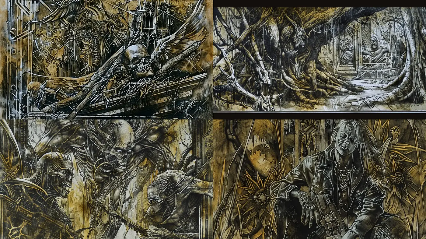 Gothic Intricacy and Surrealist Fantasy: A Dark Tale Woven in Sepia Tones - Midjourney sref style