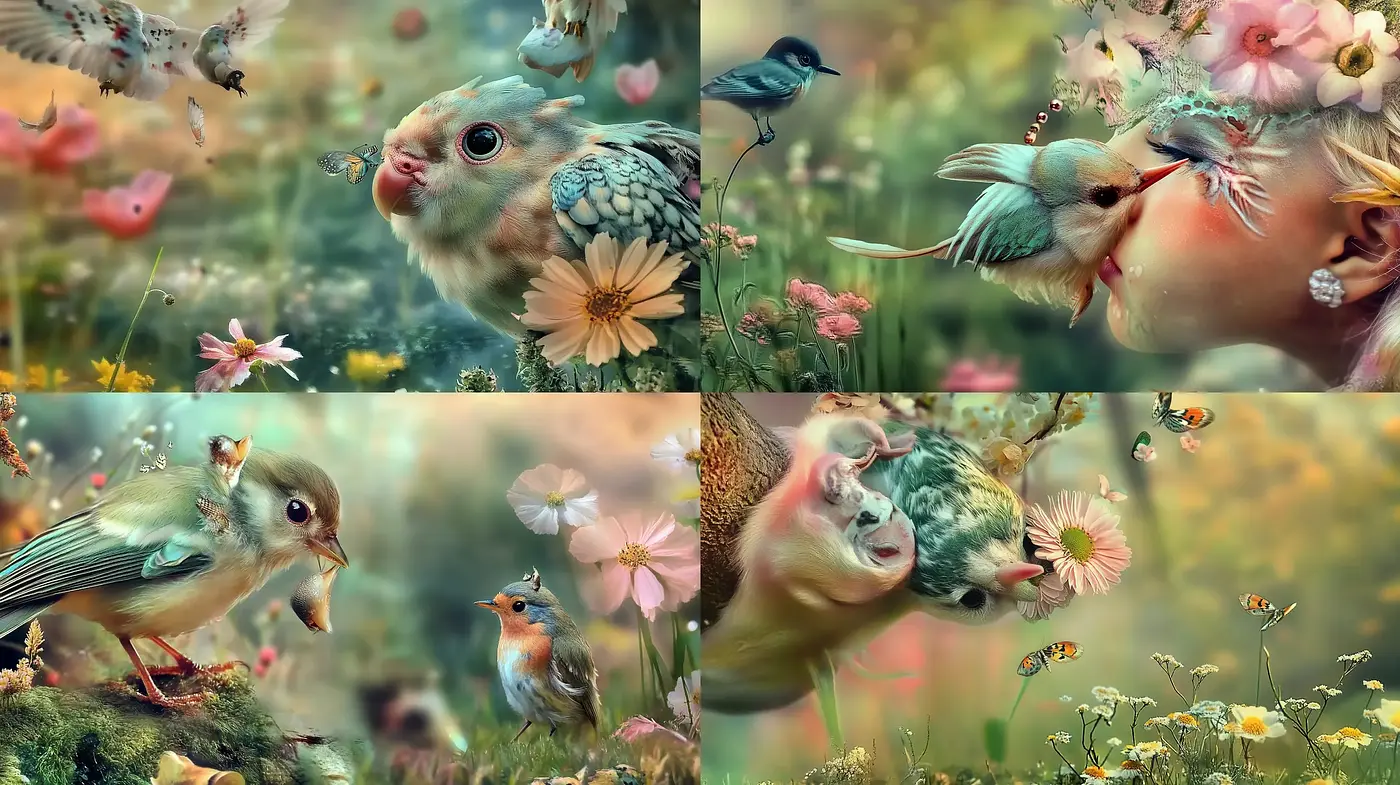 Enchanted Spring Garden: Surreal Fauna in a Dreamy Floral Landscape - Midjourney sref style