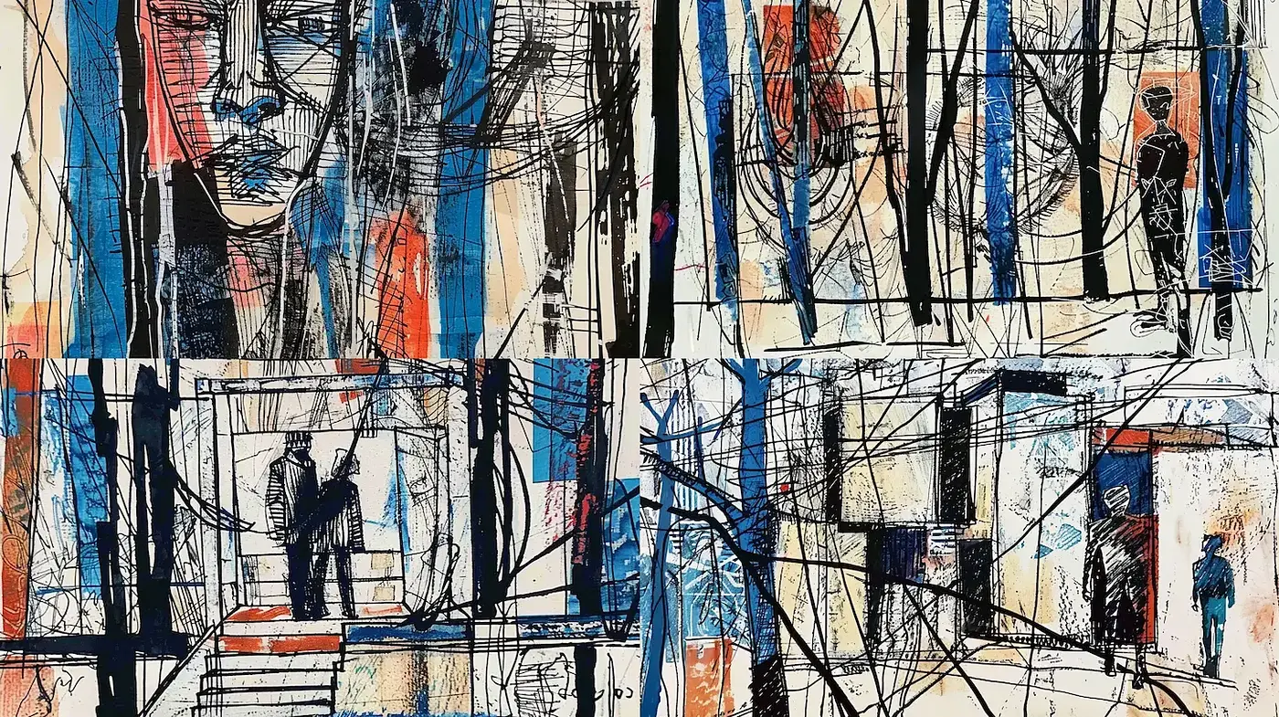 Dynamic and abstract narrative style with bold contrasts and emotional depth - Midjourney sref style