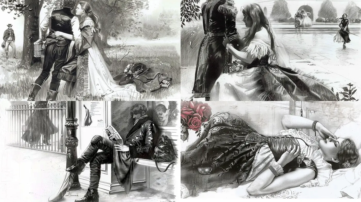 Romantic Era Illustrative Essence with Monochromatic Charm - Midjourney sref style