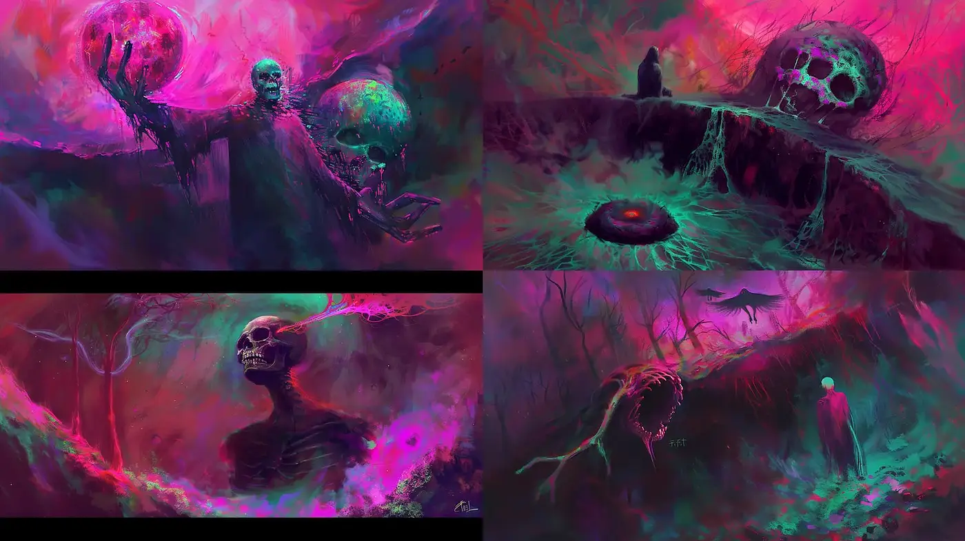 Ethereal and Vivid Exploration of Dark Themes in Abstract Art - Midjourney sref style