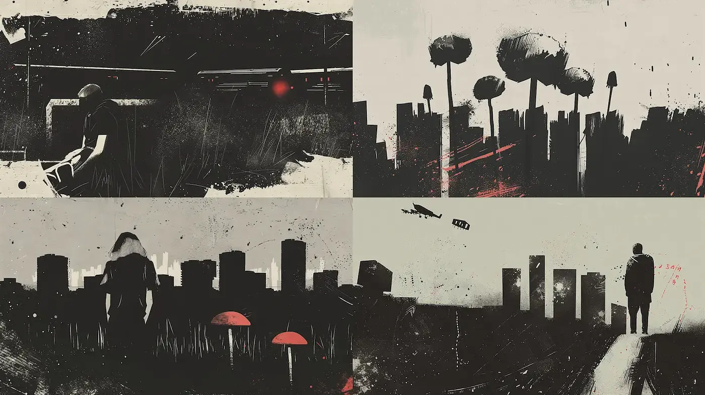 Mysterious and Atmospheric Urban Landscapes with Grunge Elements - Midjourney sref style