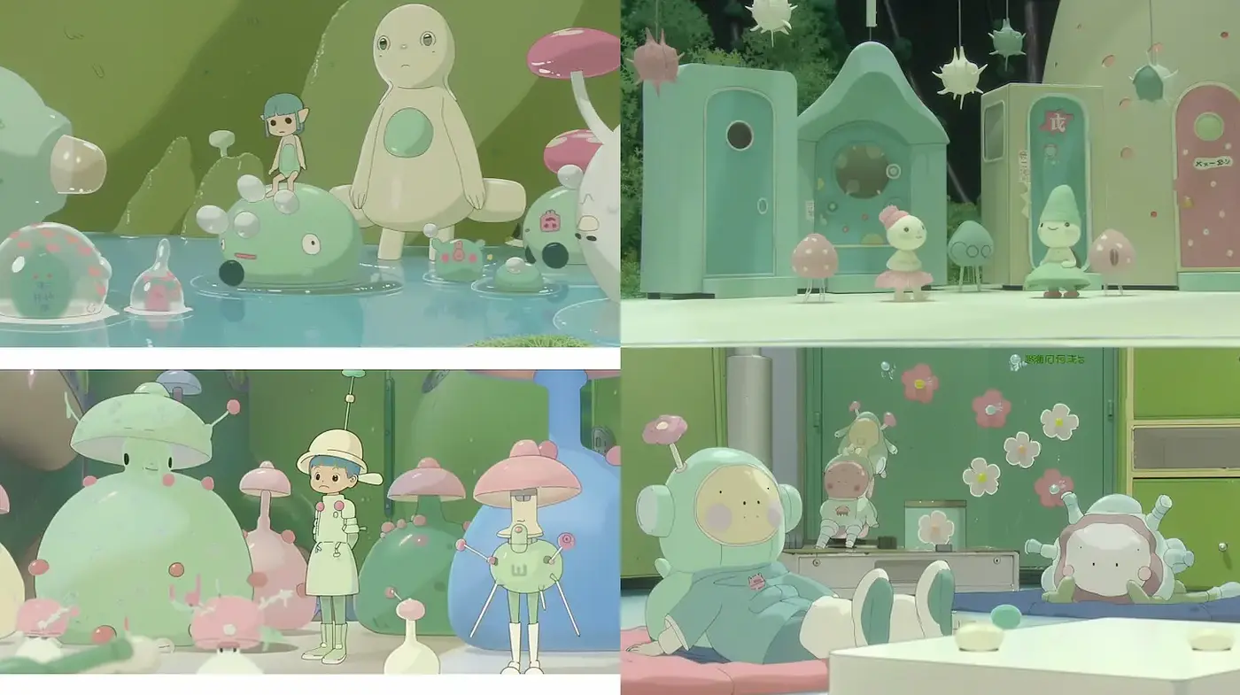 Whimsical pastel dreamscape with playful character designs - Midjourney sref style