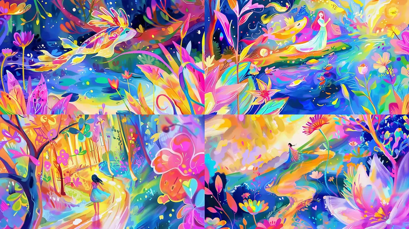 Vibrant and Whimsical Illustrations with Dreamlike Landscapes - Midjourney sref style