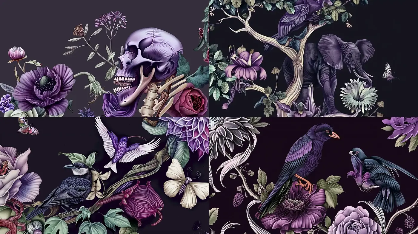Gothic Florals and Fauna: A Darkly Lush Botanical Tapestry - Midjourney sref style