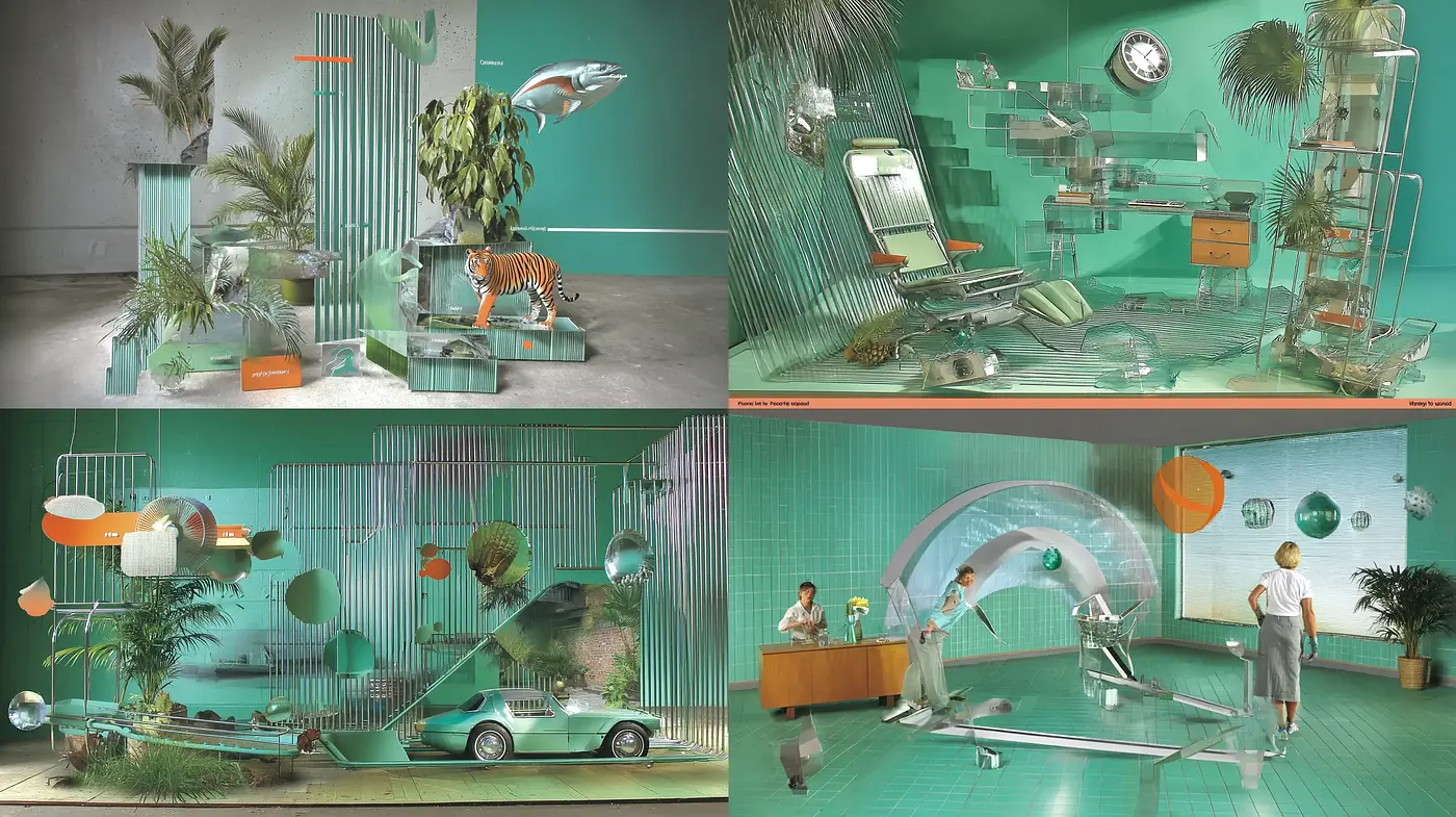 Vibrant Retro-Futuristic Interiors with a Tropical Twist - Midjourney sref style
