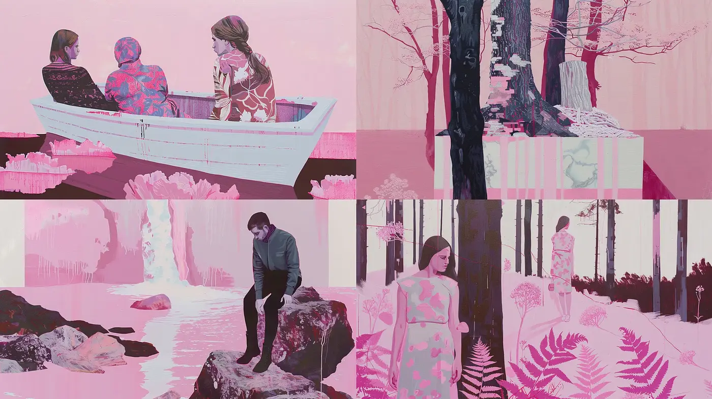 Ethereal Monochromatic Dreamscape with Stylized Silhouettes - Midjourney sref style