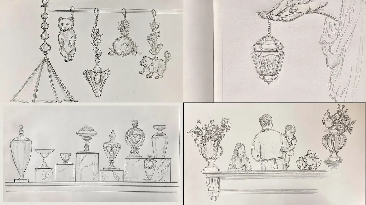Elegant Preliminary Sketches Featuring Detailed Objects and Still Life - Midjourney sref style