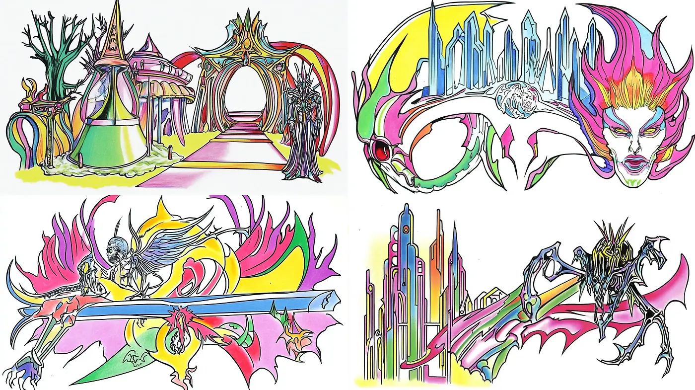 Psychedelic Dreamscape: Radiant Hues and Surreal Outlines - Midjourney sref style