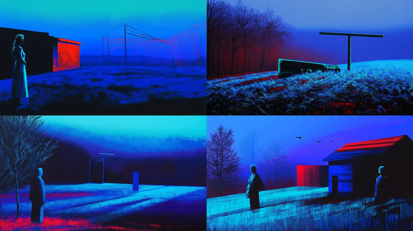 Ethereal Nocturne: A Study in Sapphire Silhouettes and Cybernetic Landscapes - Midjourney sref style