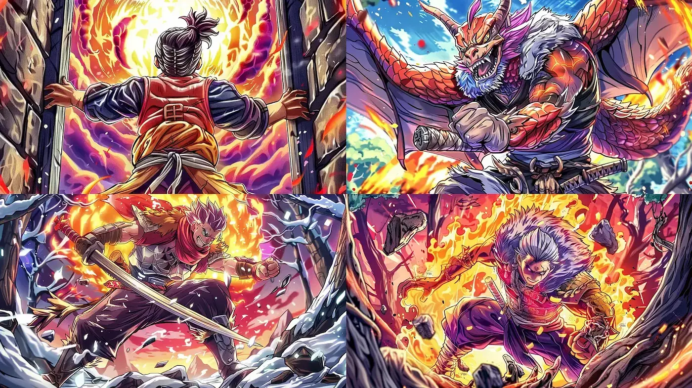 Dynamic Fusion of Mythical Characters with Fiery Elements - Midjourney sref style