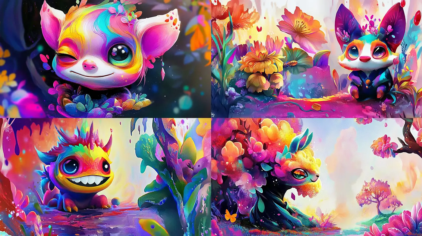 Whimsical Creature Fantasy with Muted Rainbow Saturation - Midjourney sref style