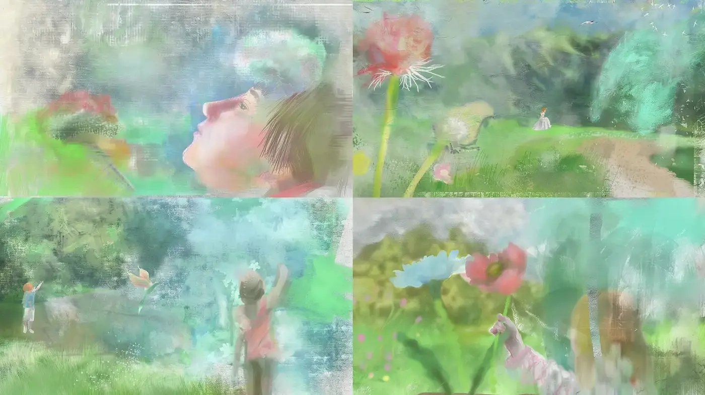 Dreamy, ethereal watercolor landscapes with whimsical elements - Midjourney sref style