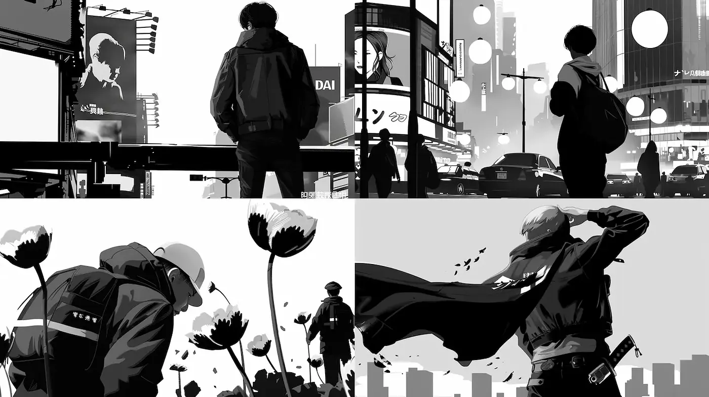 Dynamic Urban Vignettes with a Black and White Aesthetic - Midjourney sref style