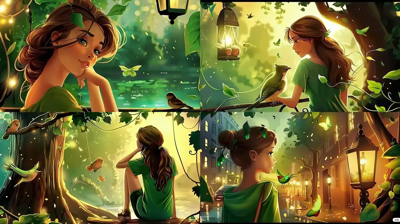 Whimsical and Enchanted Natural Scenes with Lush Greenery and Soft Light - Midjourney sref style