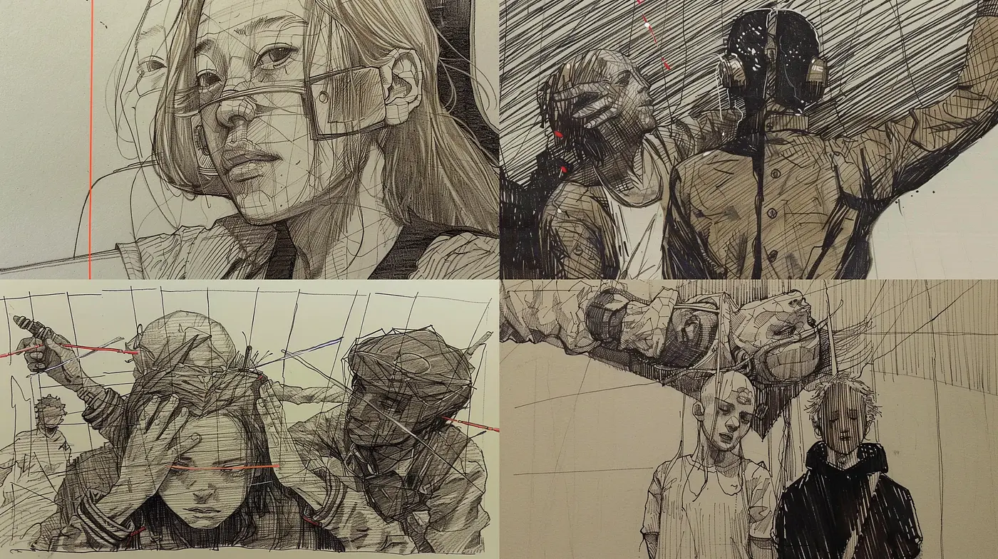 Sketch-like Precision with Monochromatic Tones and Cinematic Storytelling - Midjourney sref style