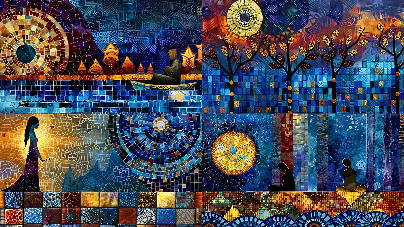 Mosaic Twilight Dreamscapes: An Homage to Stylized Nights and Celestial Wonders - Midjourney sref style