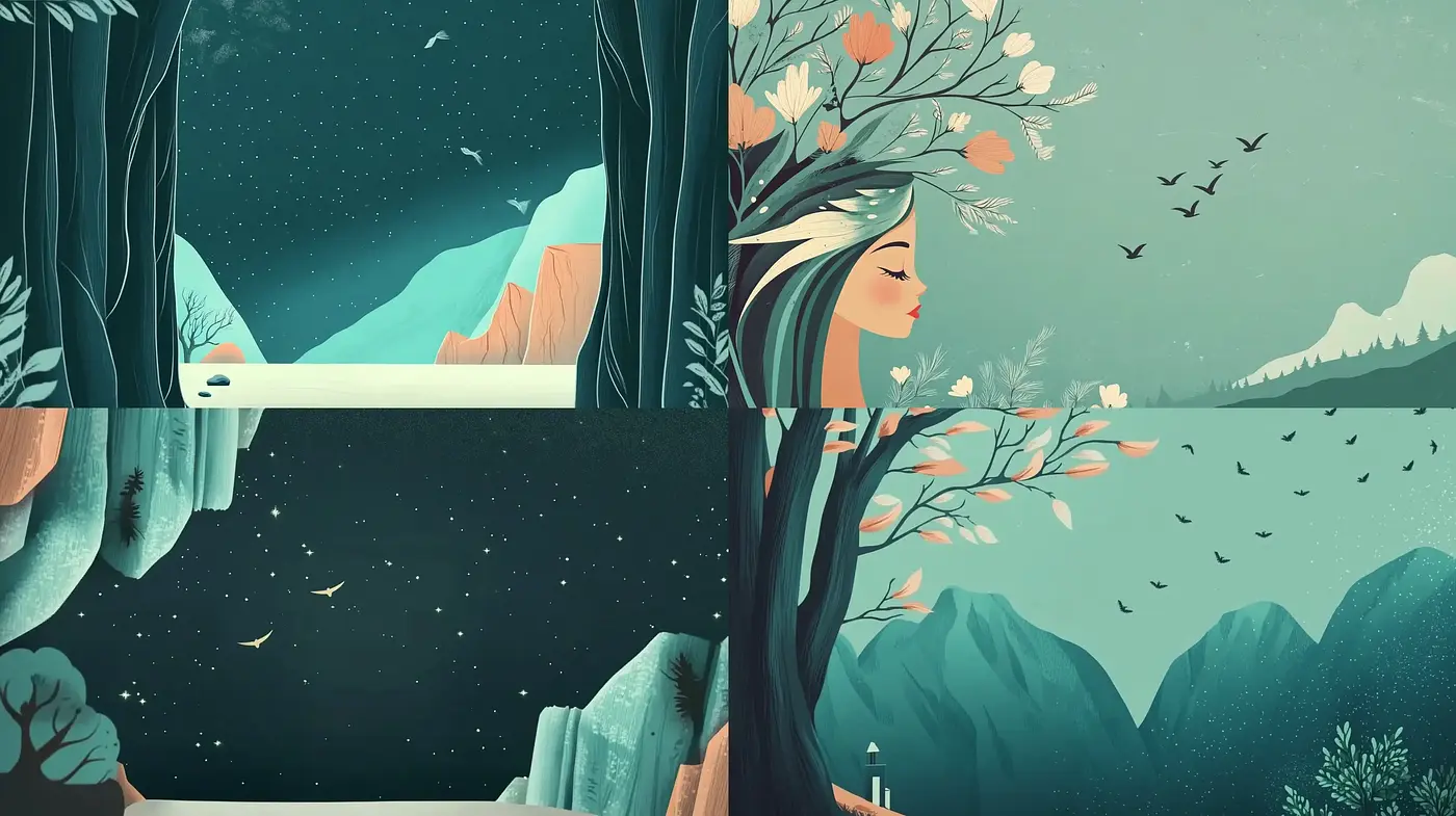 Nocturnal Harmony with Nature: A Stylized Fusion of Lyrical Illustration and Art Nouveau Influences - Midjourney sref style