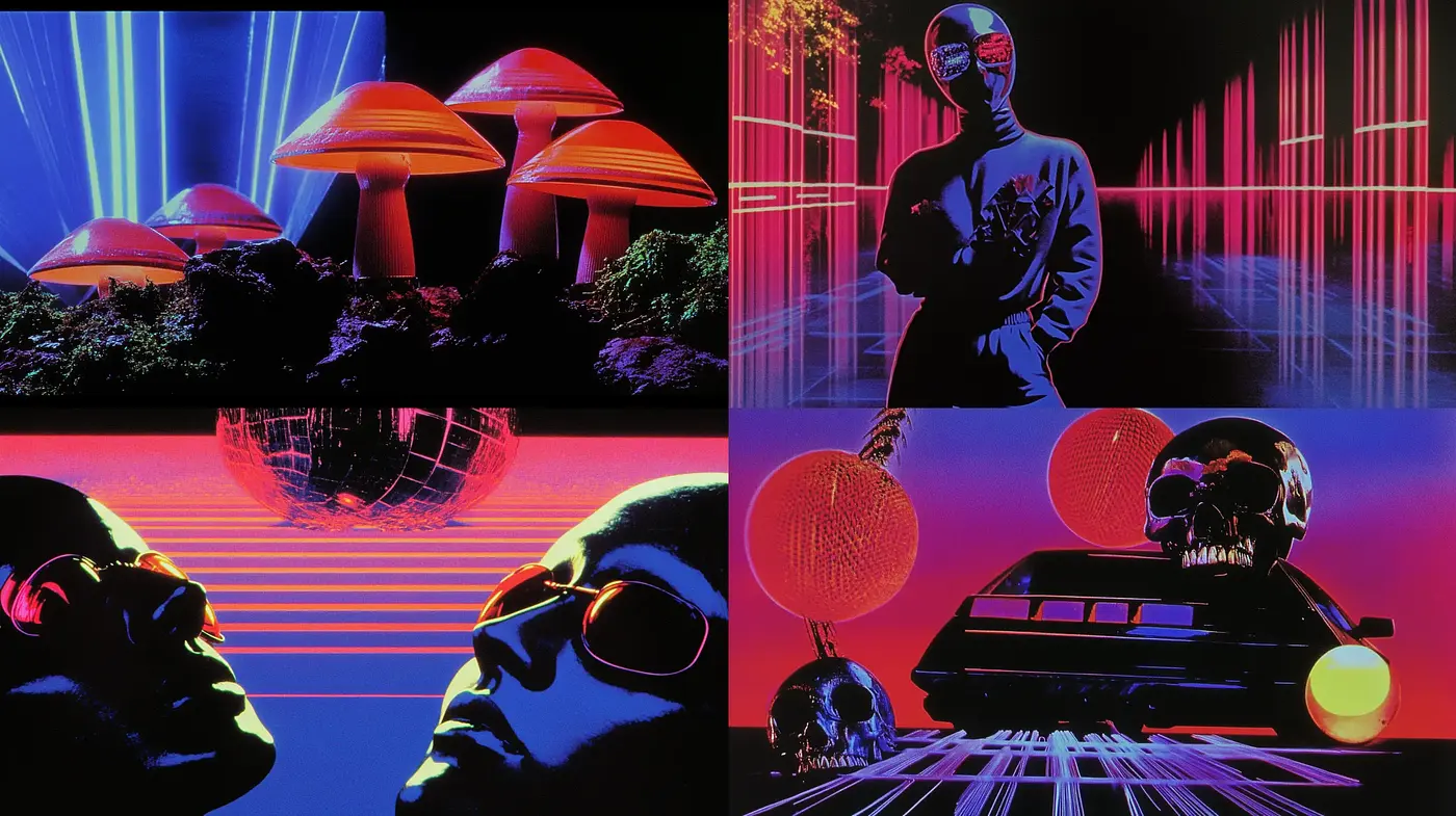 Neon-Synthwave Fusion with a Retrofuturistic Edge - Midjourney sref style