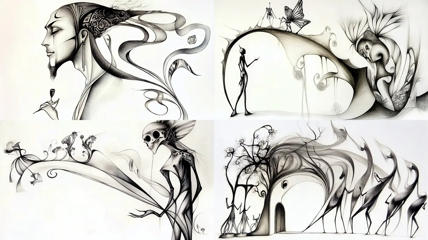 Ethereal Monochrome Whispers: A Dance of Ink and Dreamscapes - Midjourney sref style