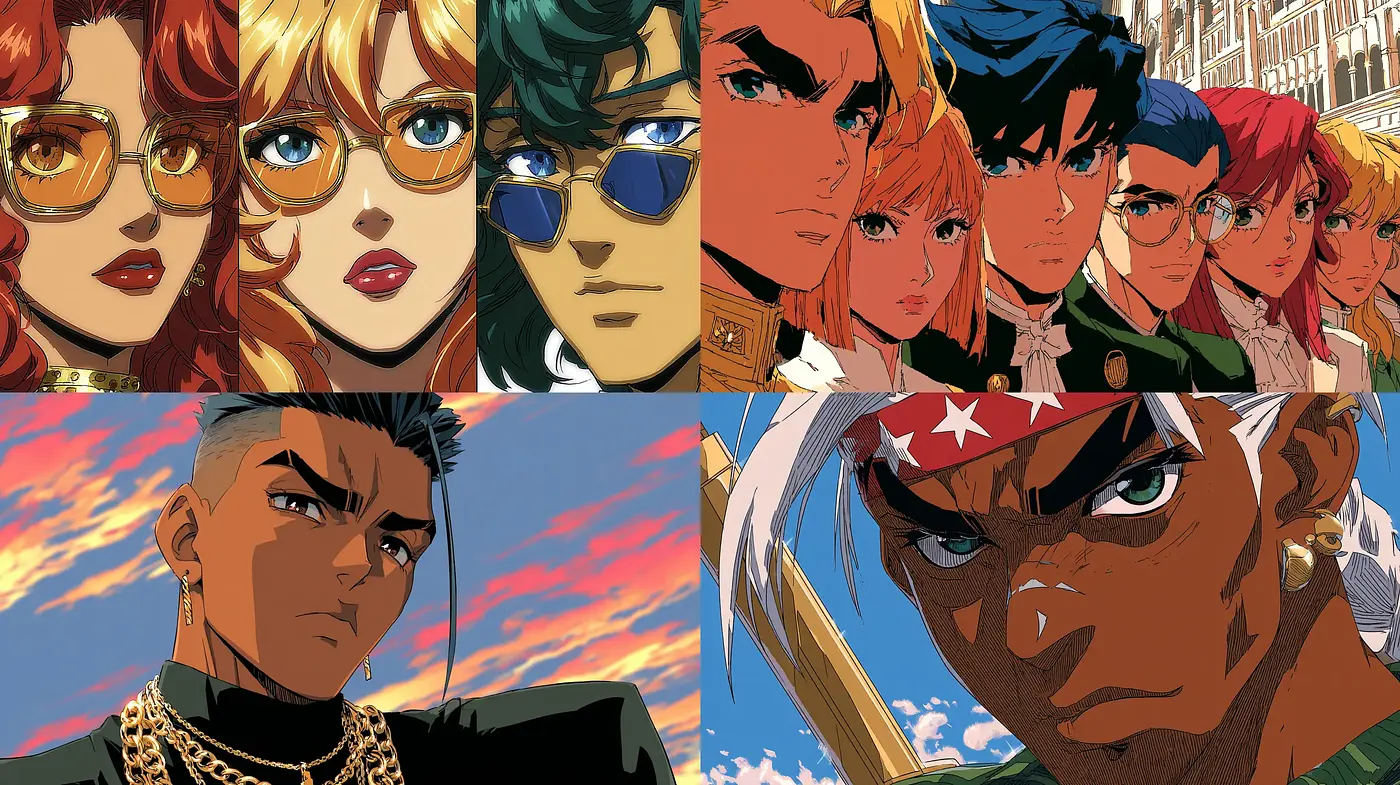 Dynamic and Colorful Anime-Inspired Style with Retro Elements - Midjourney sref style