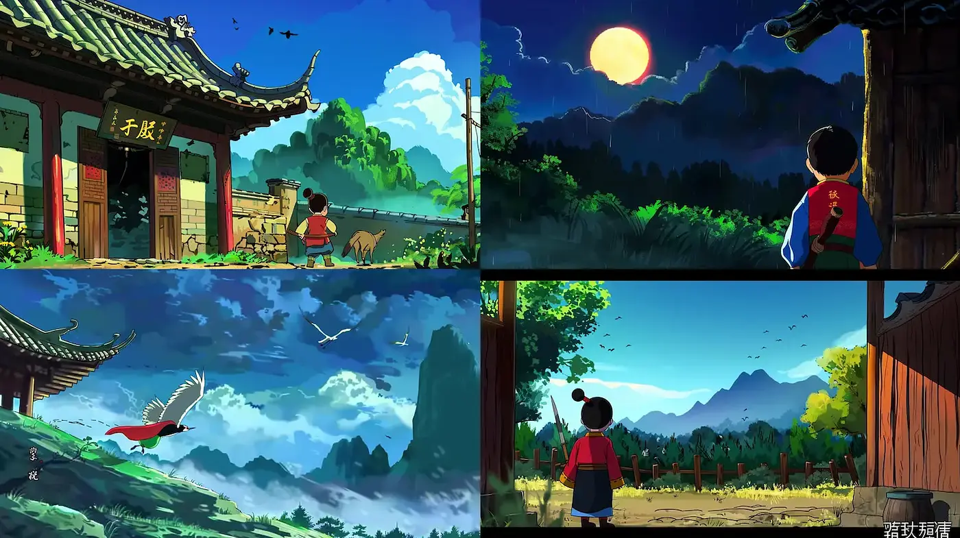 Vibrant and Serene Animated Landscape with Traditional Influences - Midjourney sref style